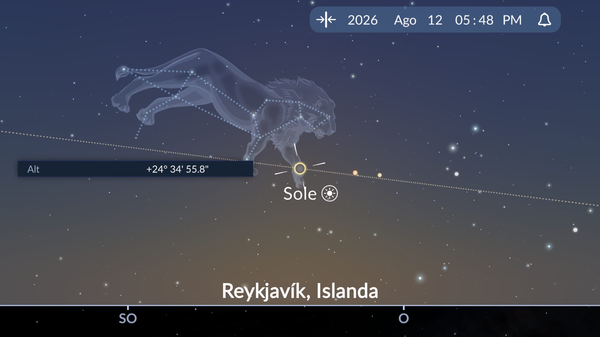 App Sky Tonight che mostra la posizione del Sole vicino all’orizzonte durante l’eclissi solare del 2026