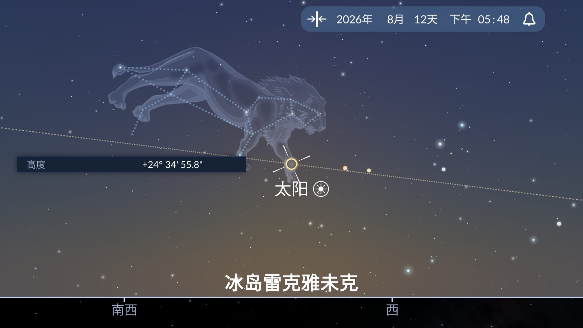 Sky Tonight应用程序显示2026年日食期间太阳接近地平线的位置