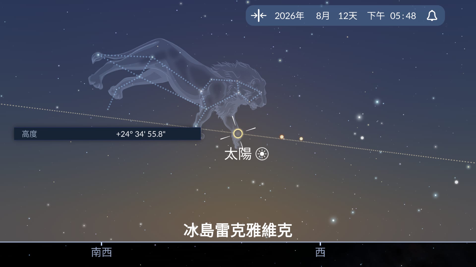 Sky Tonight應用程序顯示2026年日食期間太陽接近地平線的位置