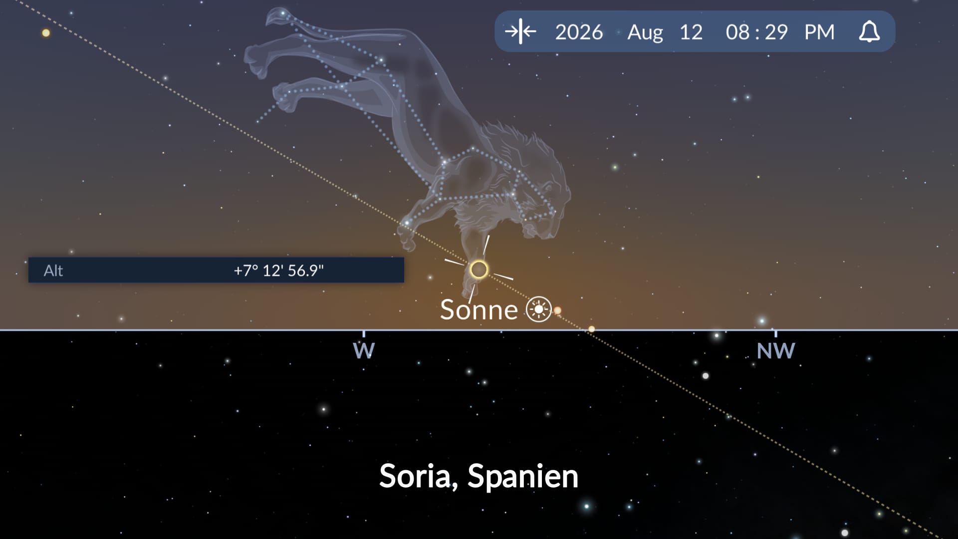 Sky Tonight-App zeigt die Position der Sonne nahe dem Horizont während der Sonnenfinsternis 2026