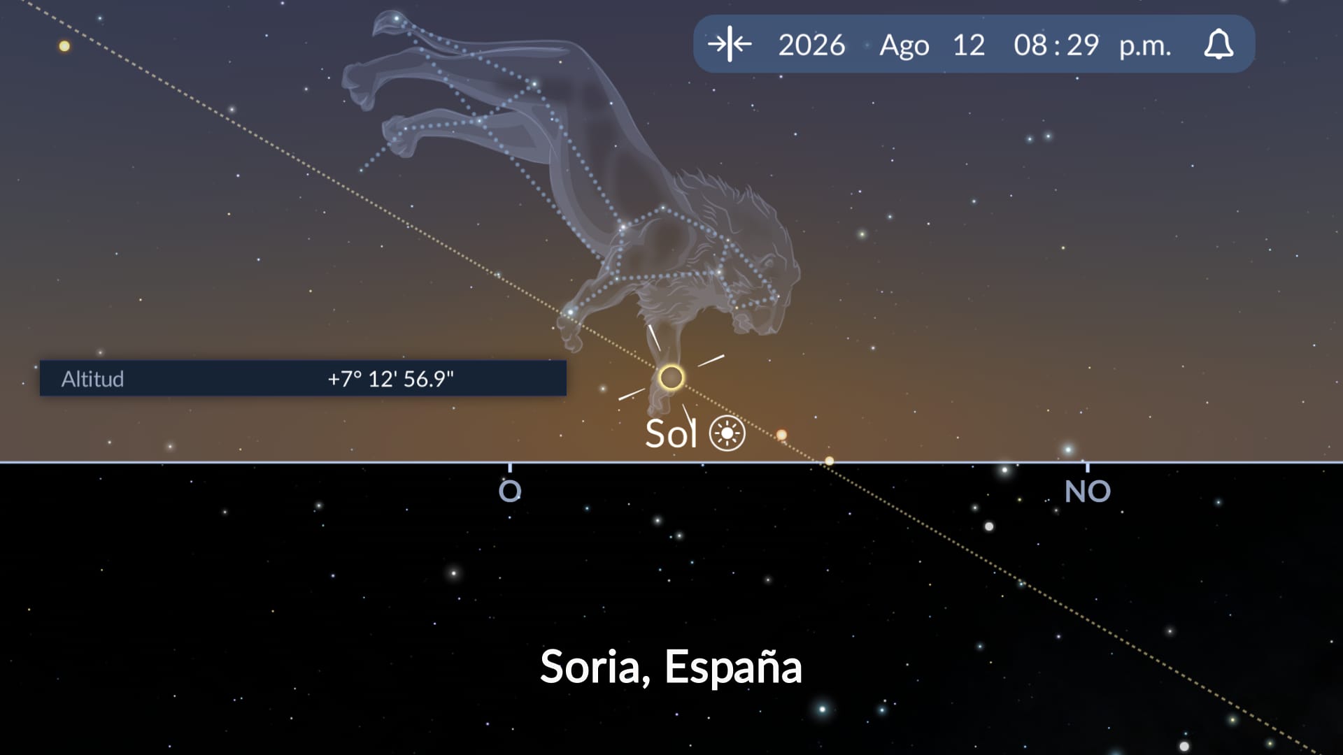 App Sky Tonight mostrando la posición del Sol cerca del horizonte durante el eclipse solar de 2026