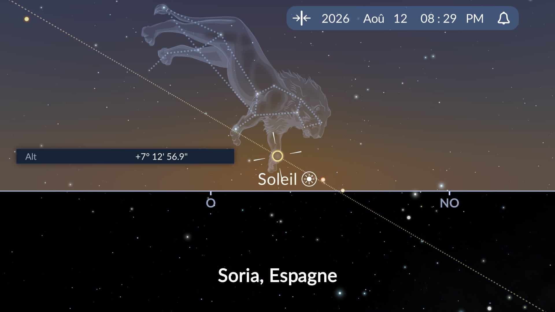 Application Sky Tonight montrant la position du Soleil près de l’horizon pendant l’éclipse solaire de 2026