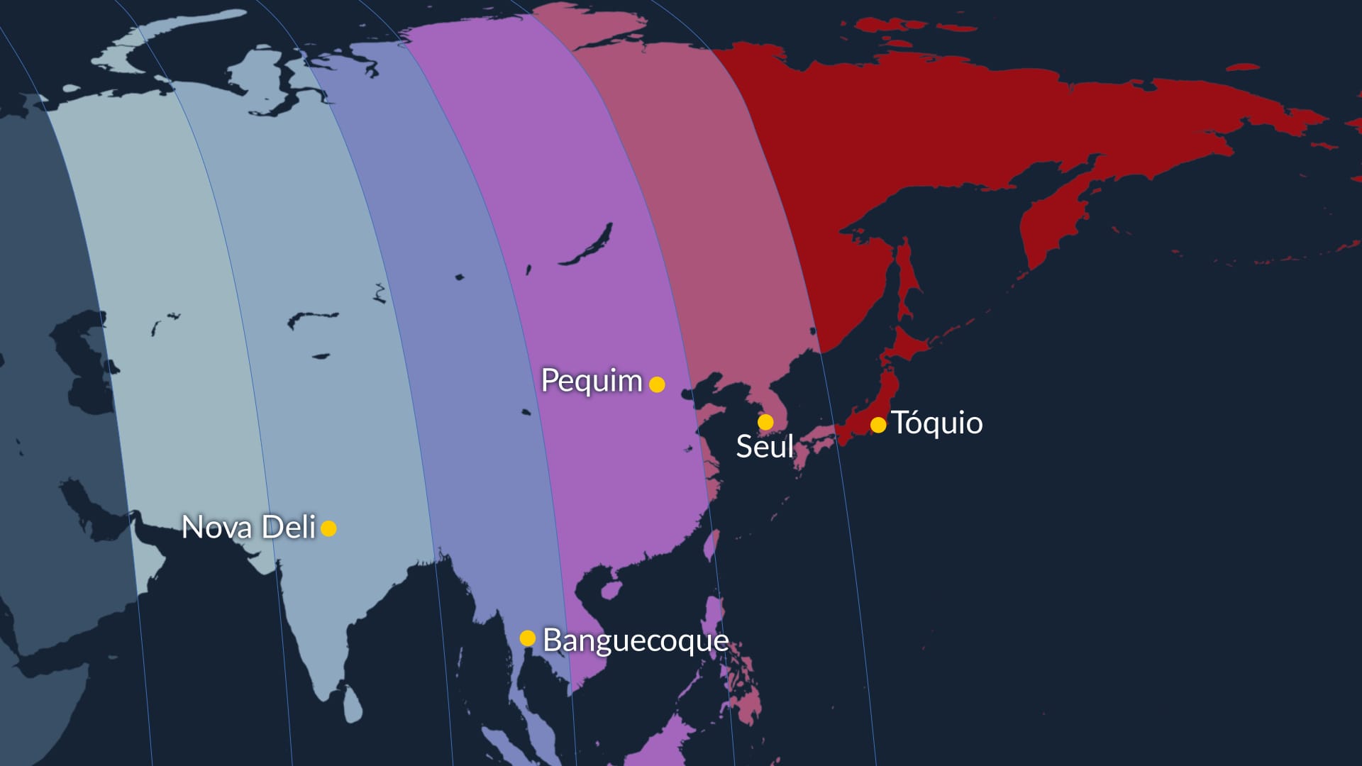 Mapa de visibilidade da Lua de Sangue 2026 para regiões asiáticas: Japão, China, Coreia do Sul, Índia