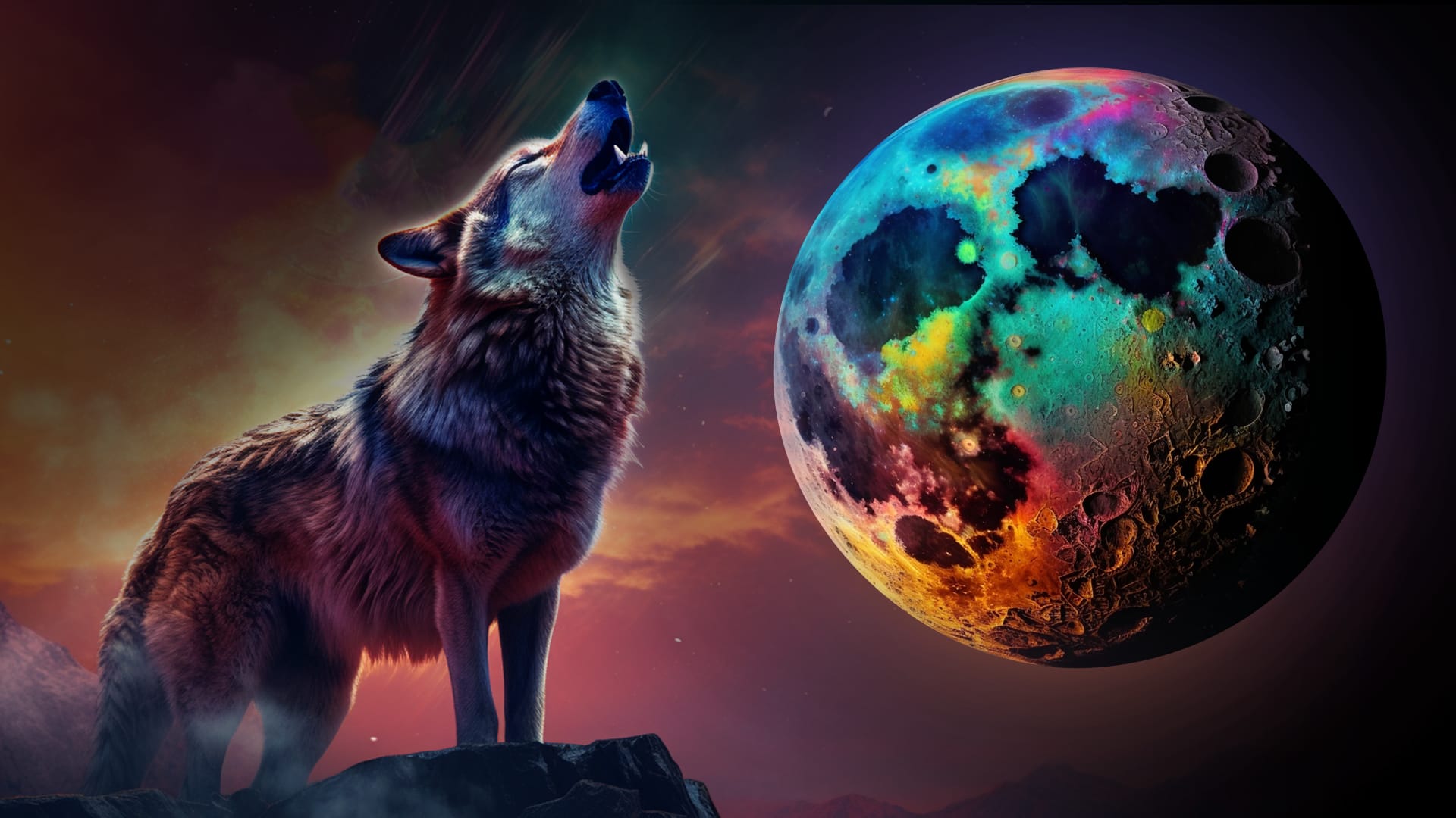 Wolf and multi-colored Moon