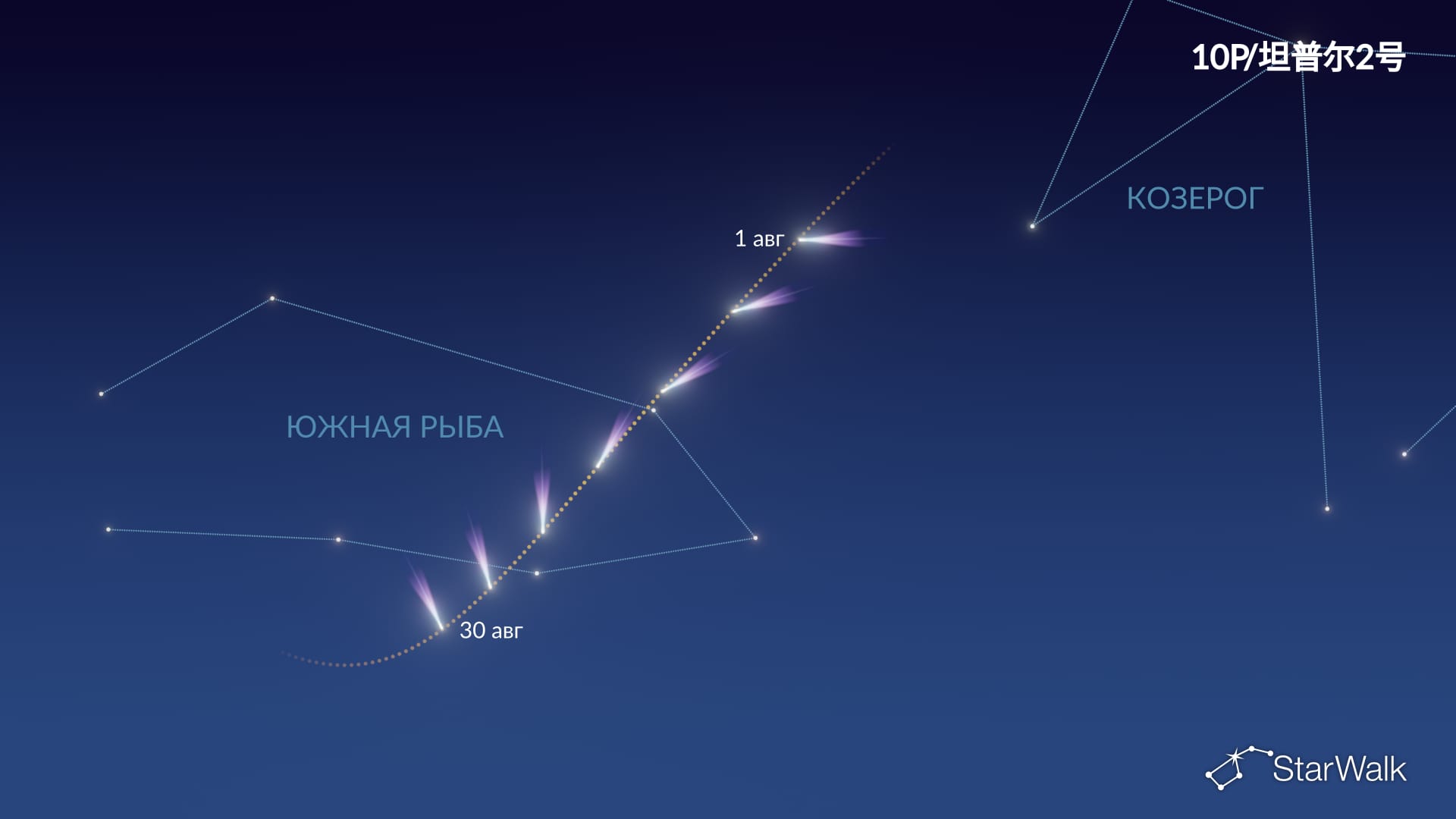 Комета 10P/Темпеля 2 на карте неба: август 2026 года