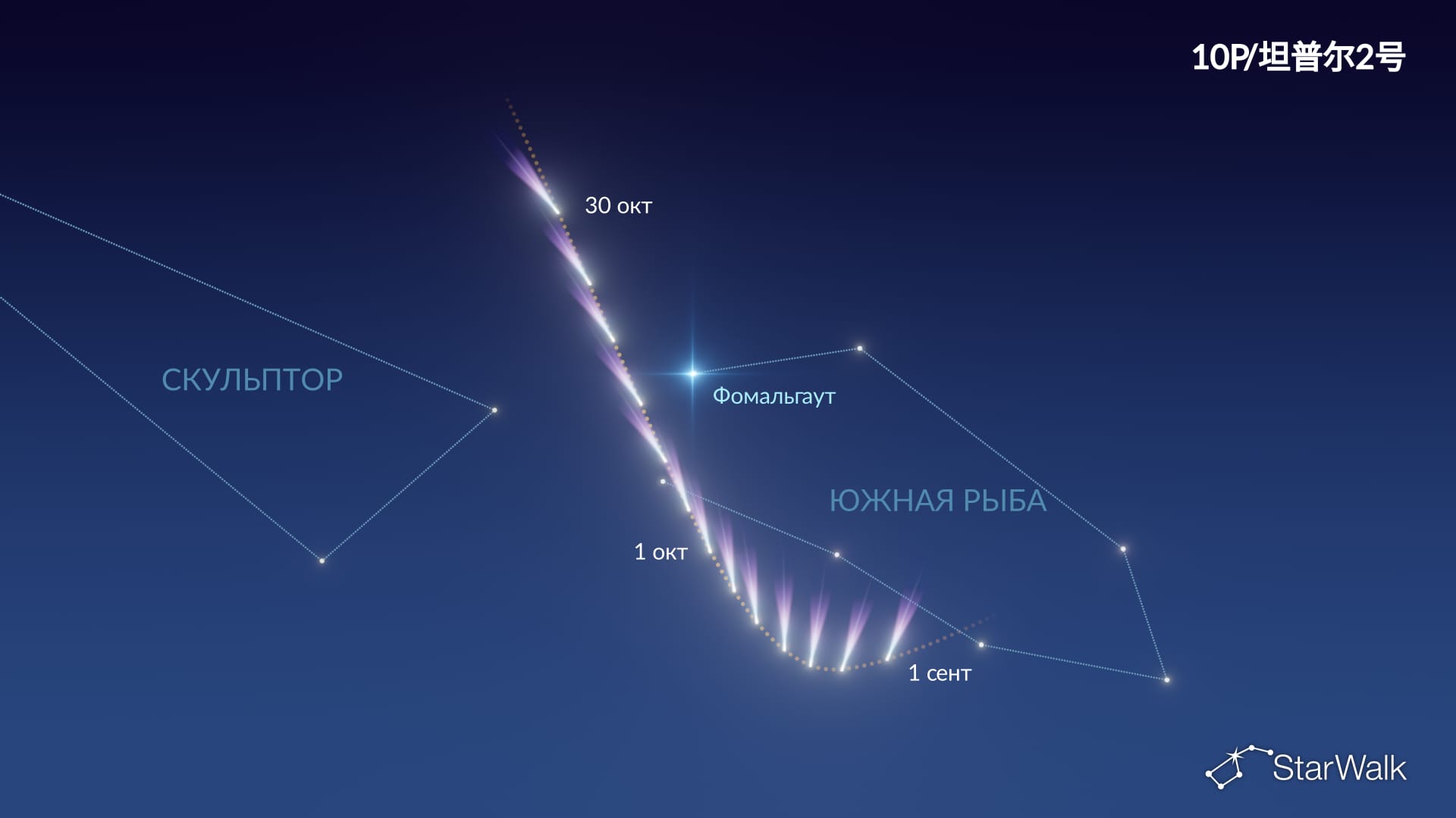 Комета 10P/Темпеля 2 на карте неба: сентябрь–октябрь 2026 года