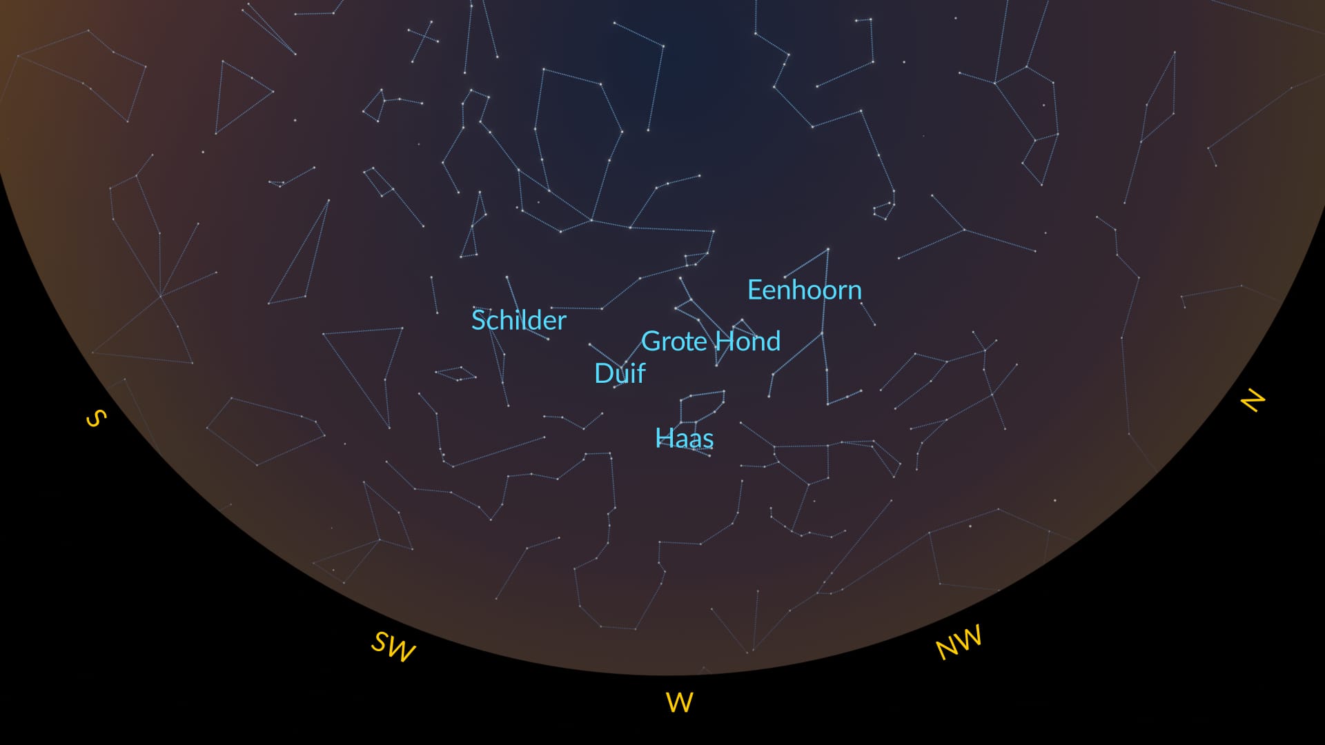Sterren en sterrenbeelden op het Noordelijk halfrond in februari