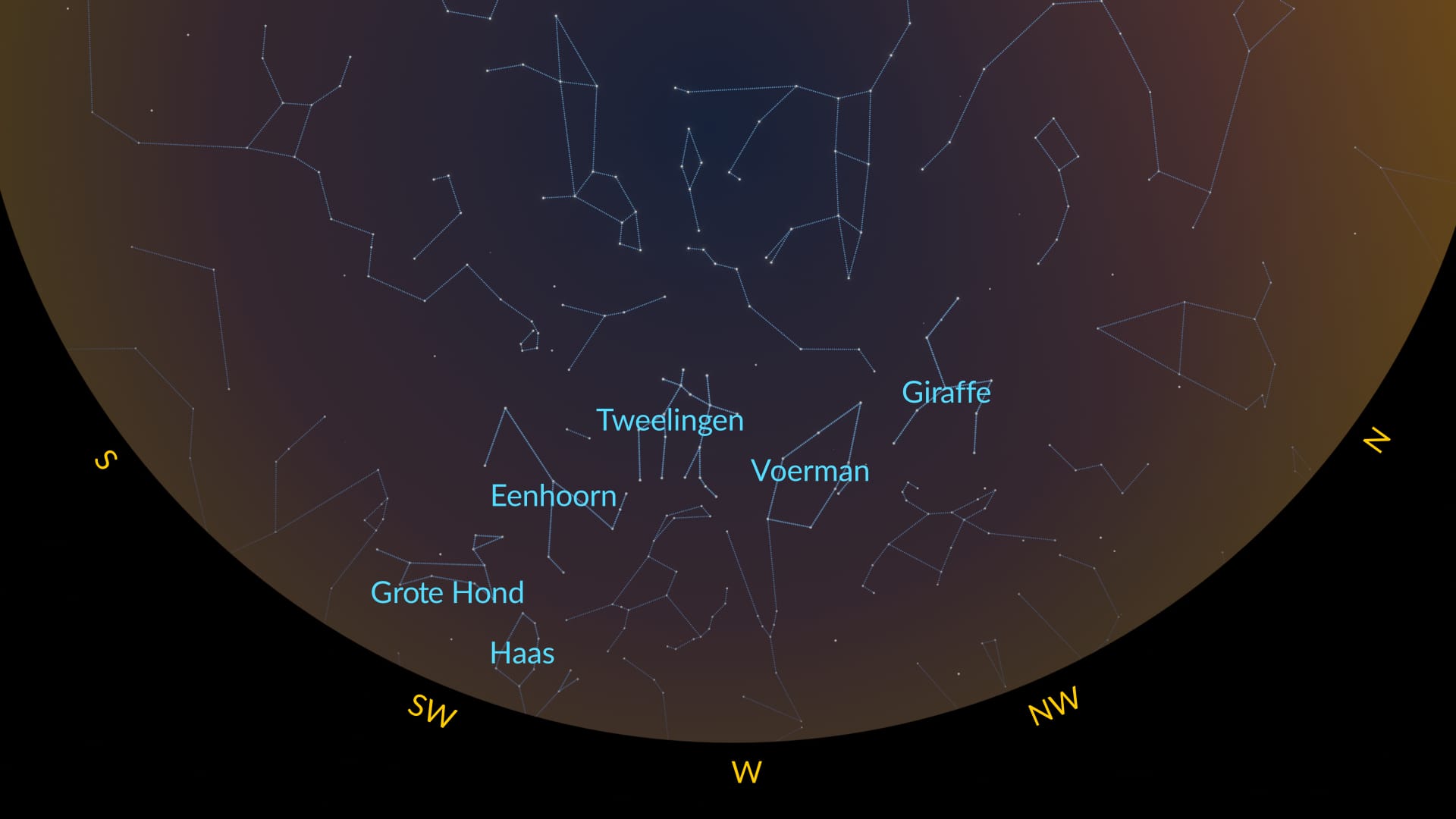 Sterren en sterrenbeelden op het Zuidelijk halfrond in februari