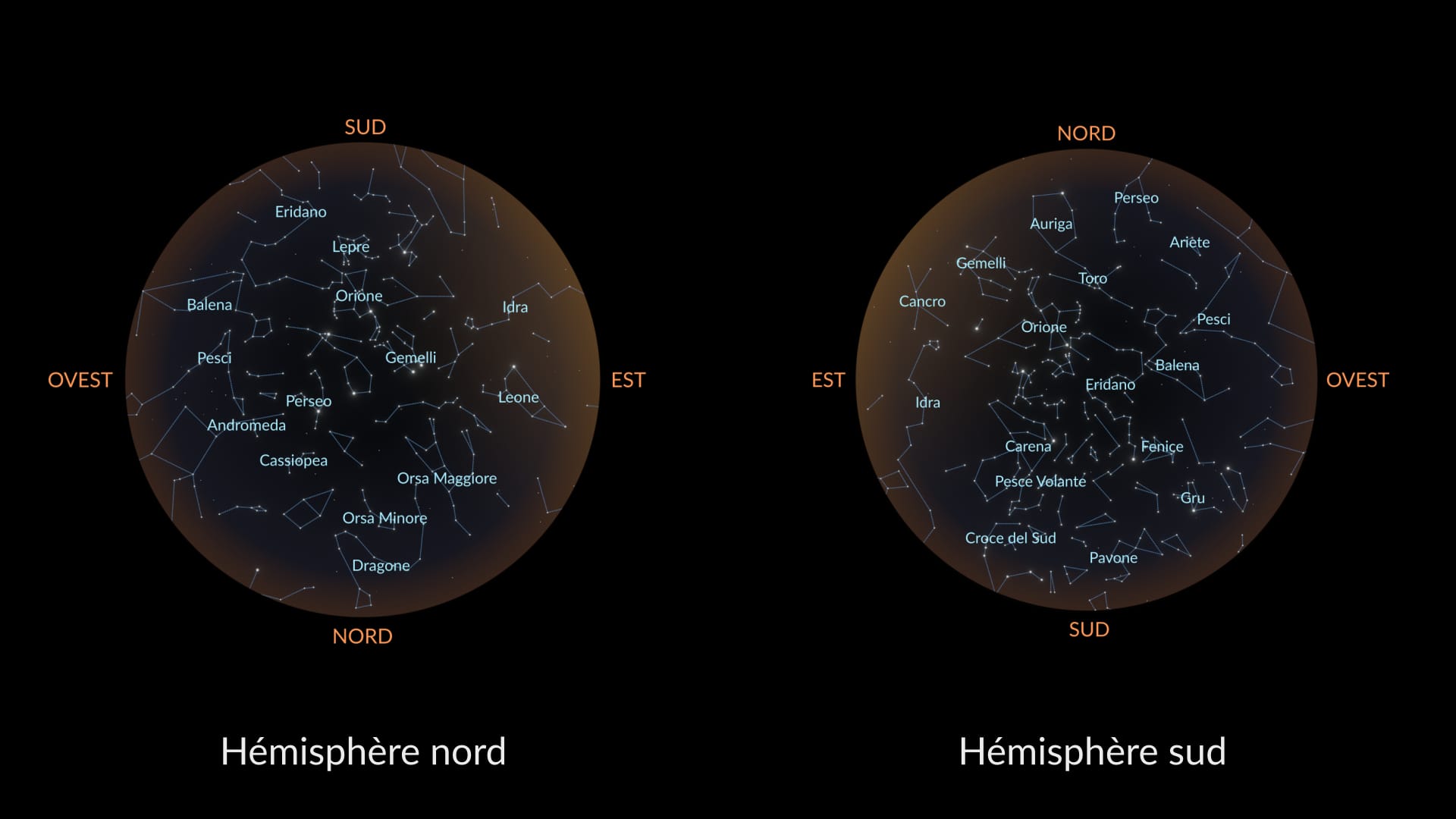 Mappa del cielo notturno di Dicembre: Emisfero Nord, Emisfero Sud