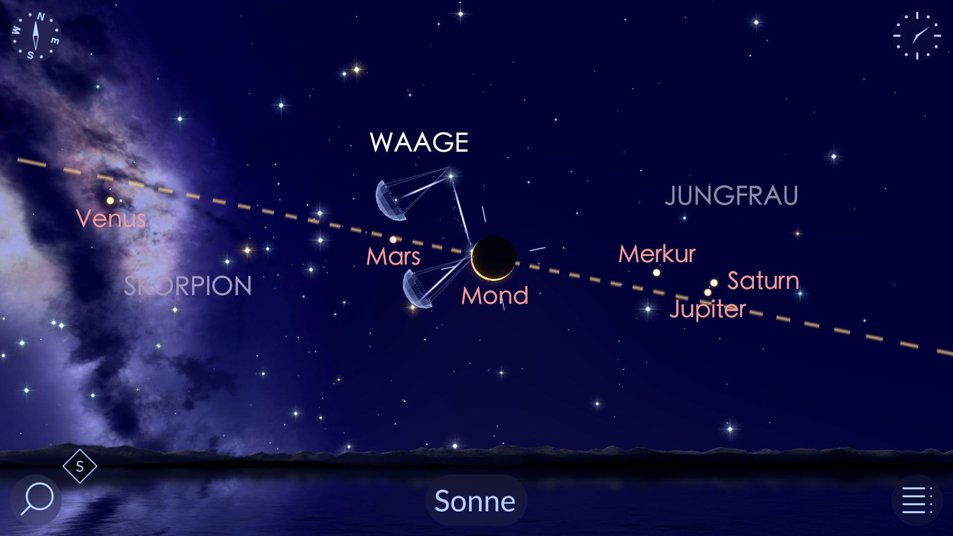 Sonnenfinsternis und Planetenkonstellation am 4. November 2040 in Star Walk 2
