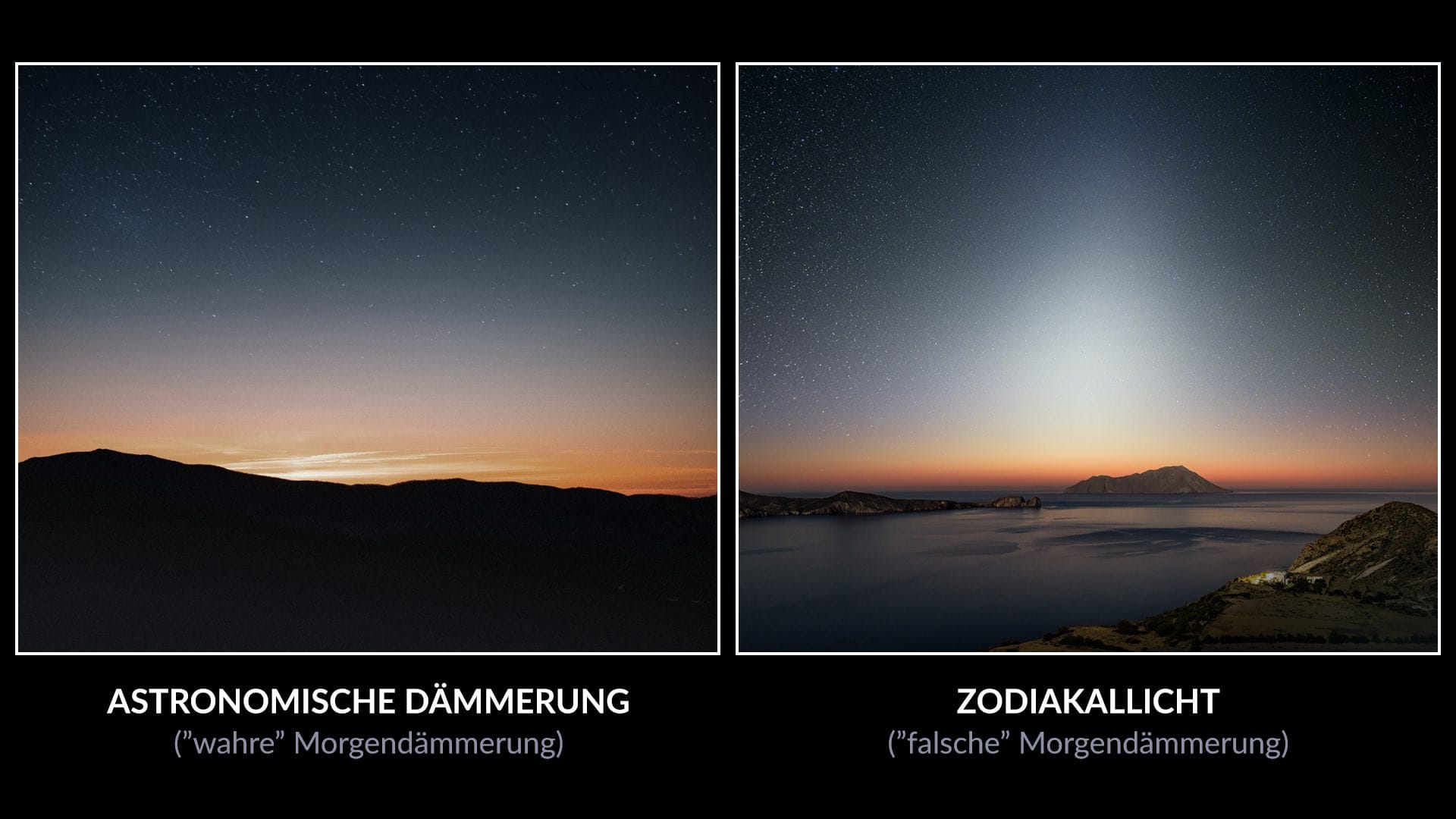 Falsche Morgendämmerung vs. echte (astronomische) Morgendämmerung
