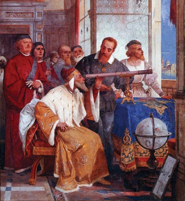 Galileo Galilei mostrando un telescopio