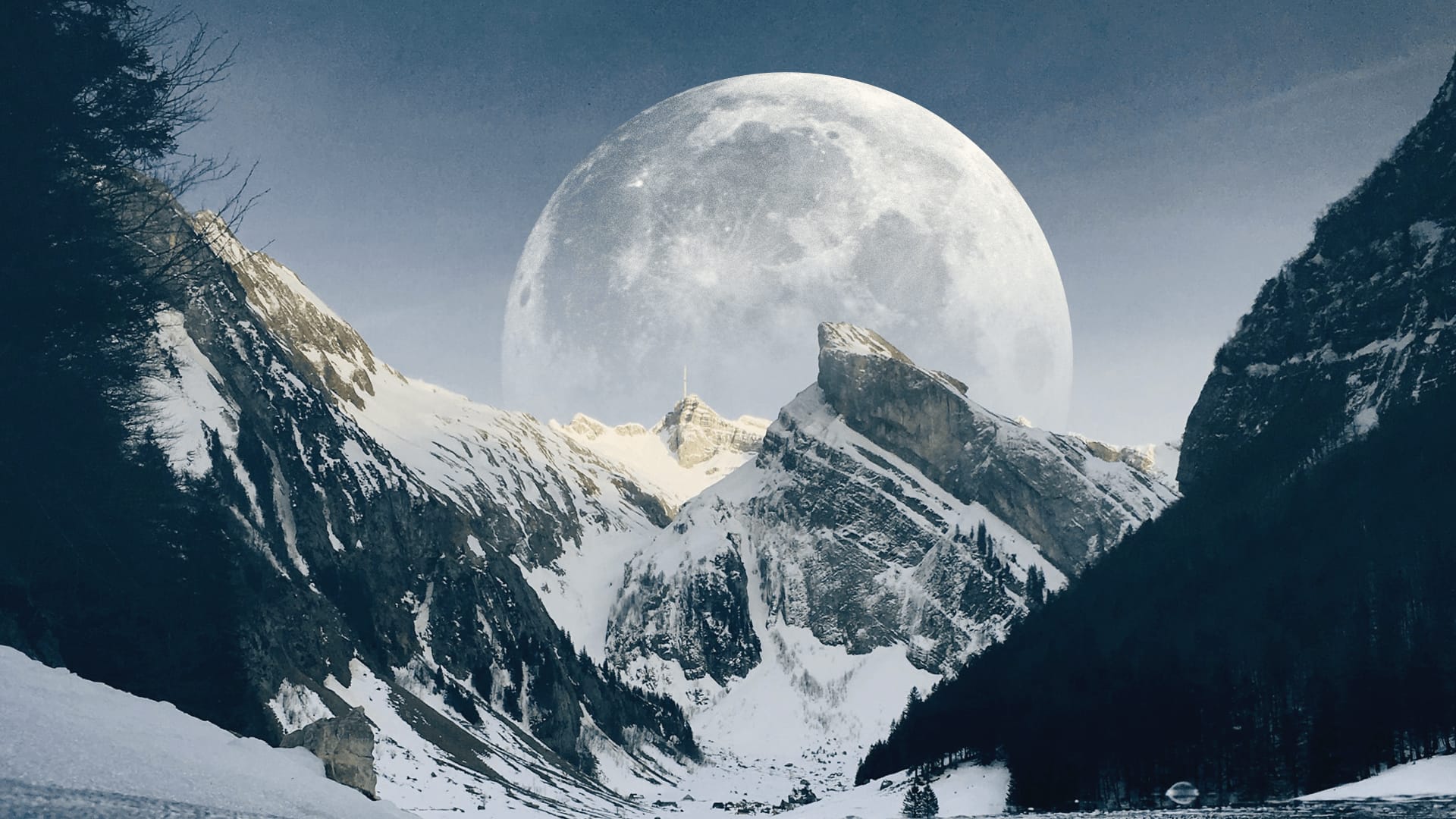 Giant Full Moon over mountains
