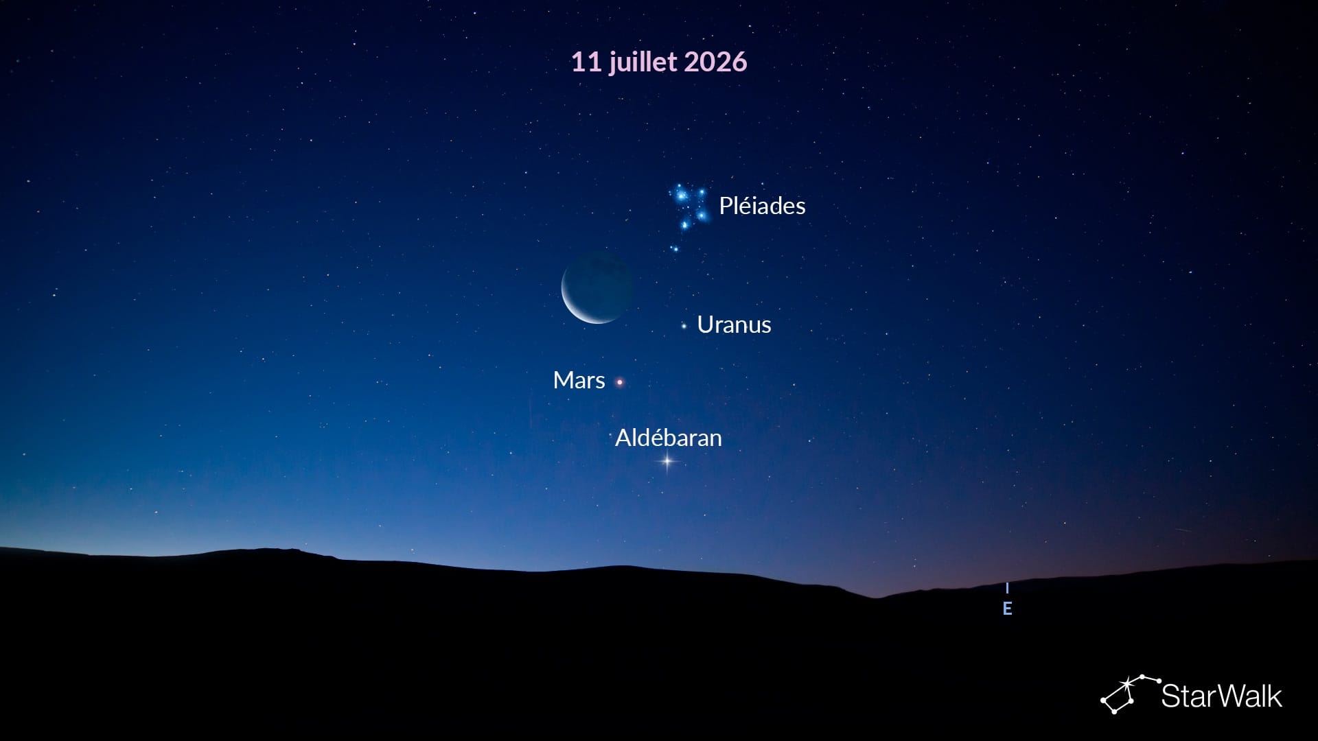 Lune près de Mars et d’Aldébaran dans la constellation du Taureau