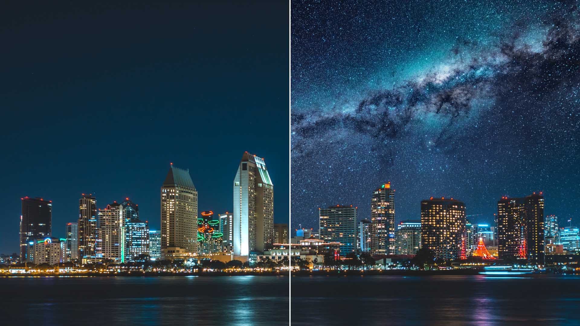 City skyline with and without light pollution