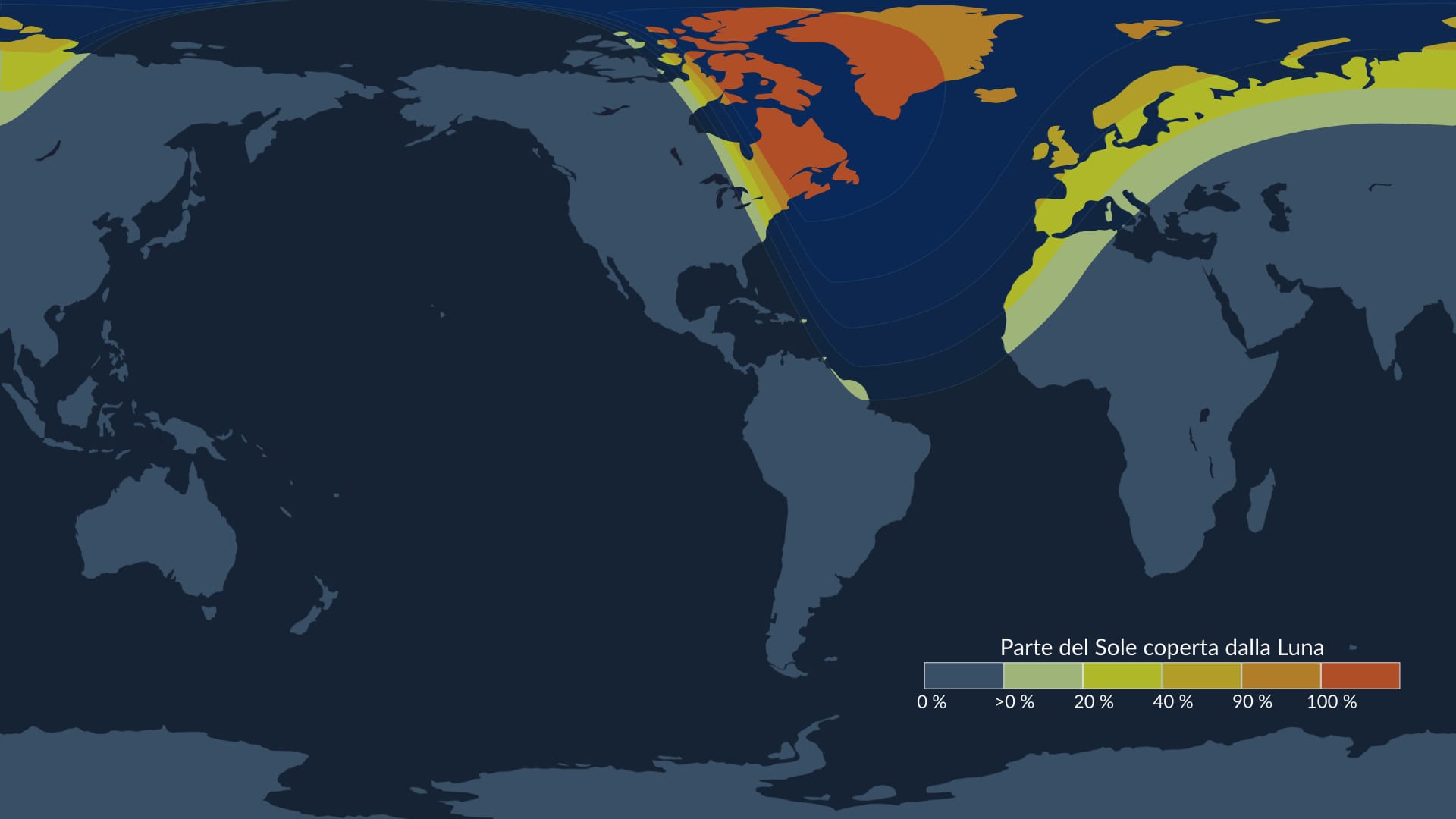 Visibility map of the partial solar eclipse of March 29, 2025