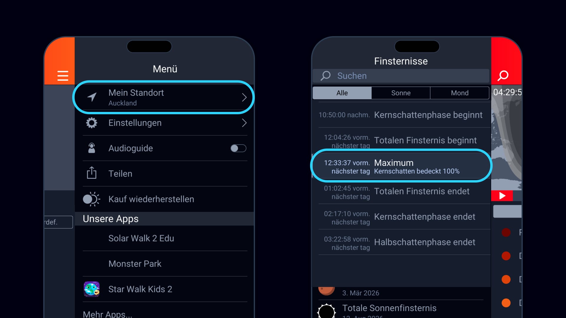 Mondfinsternis heute Nacht – Sichtbarkeitskarte: Schnell und einfach mit Eclipse Guide.