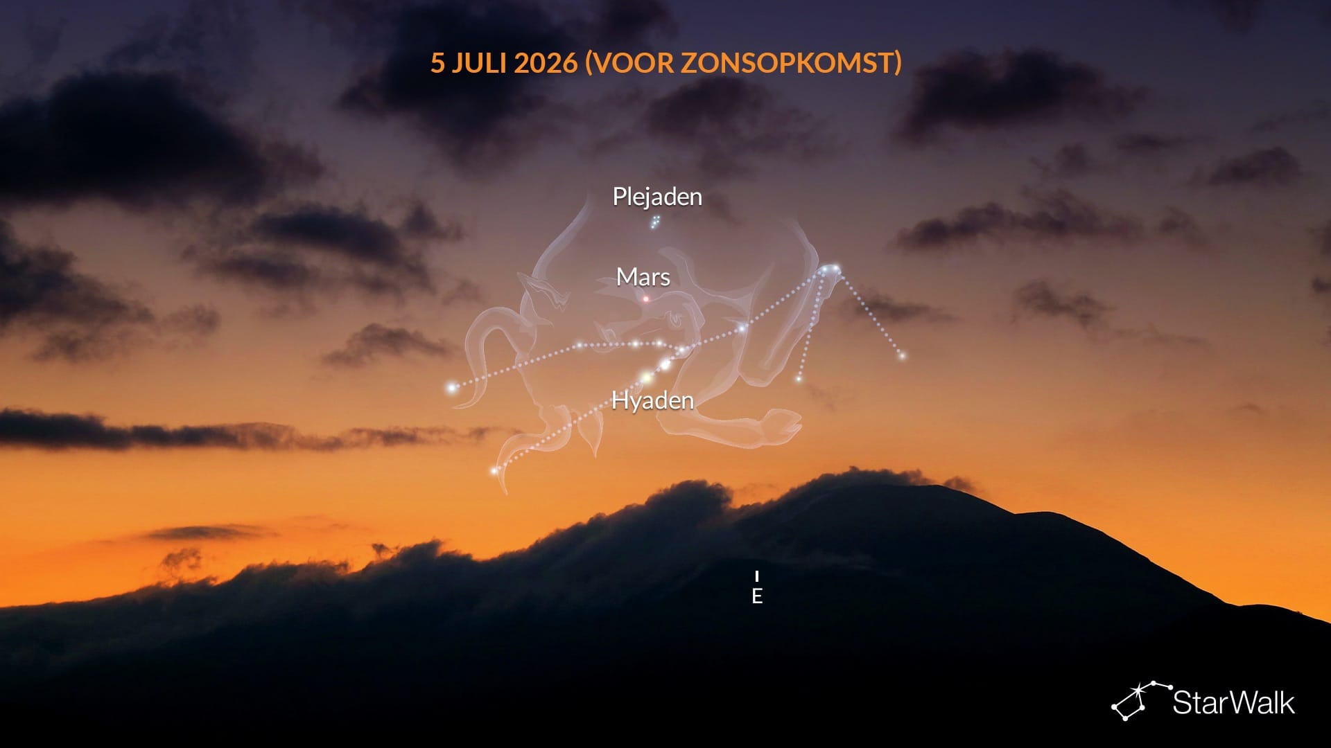 Mars tussen de Plejaden en Hyaden in juli 2026