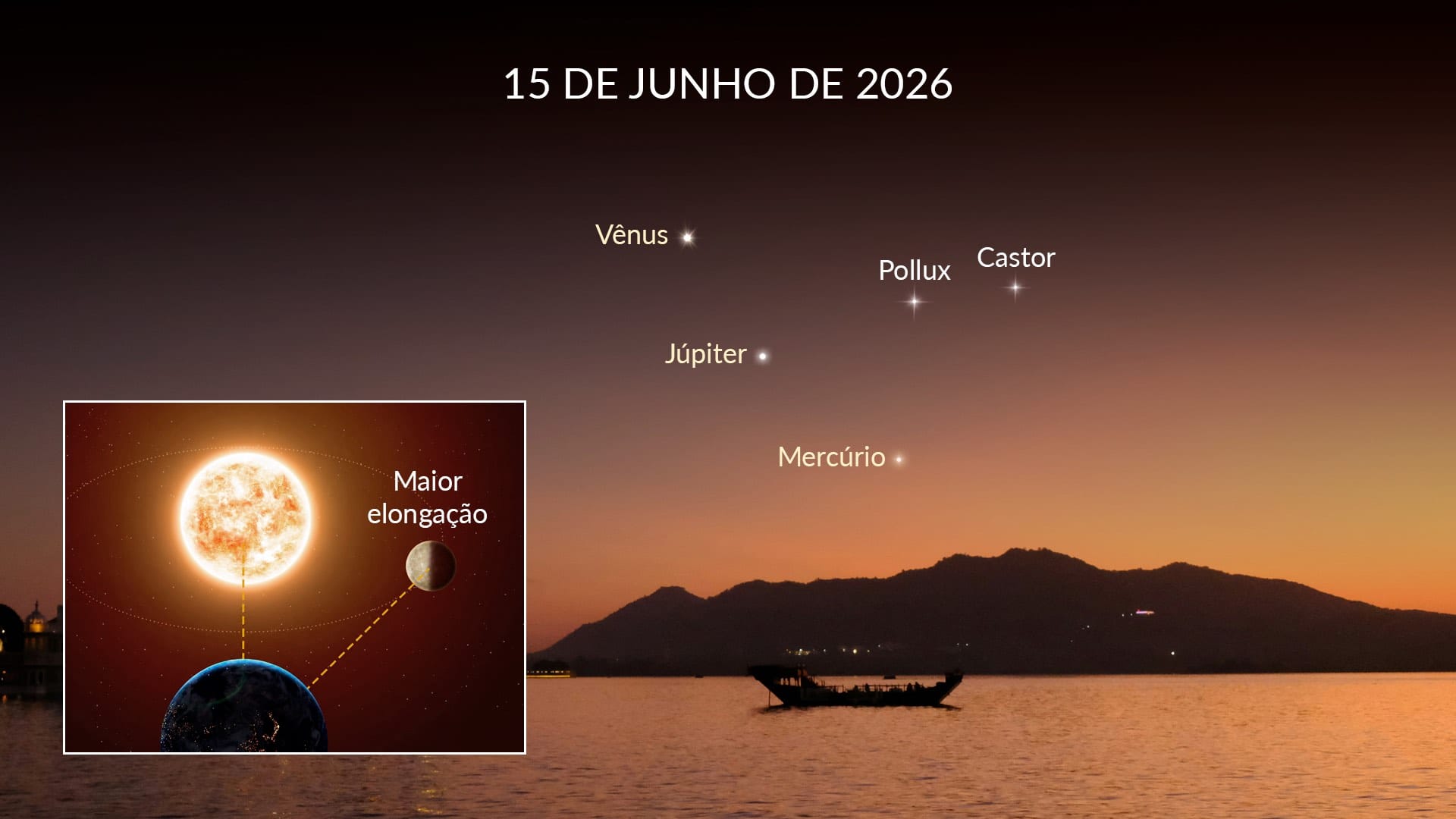 Mercúrio no céu na elongação máxima em 15 de junho de 2026