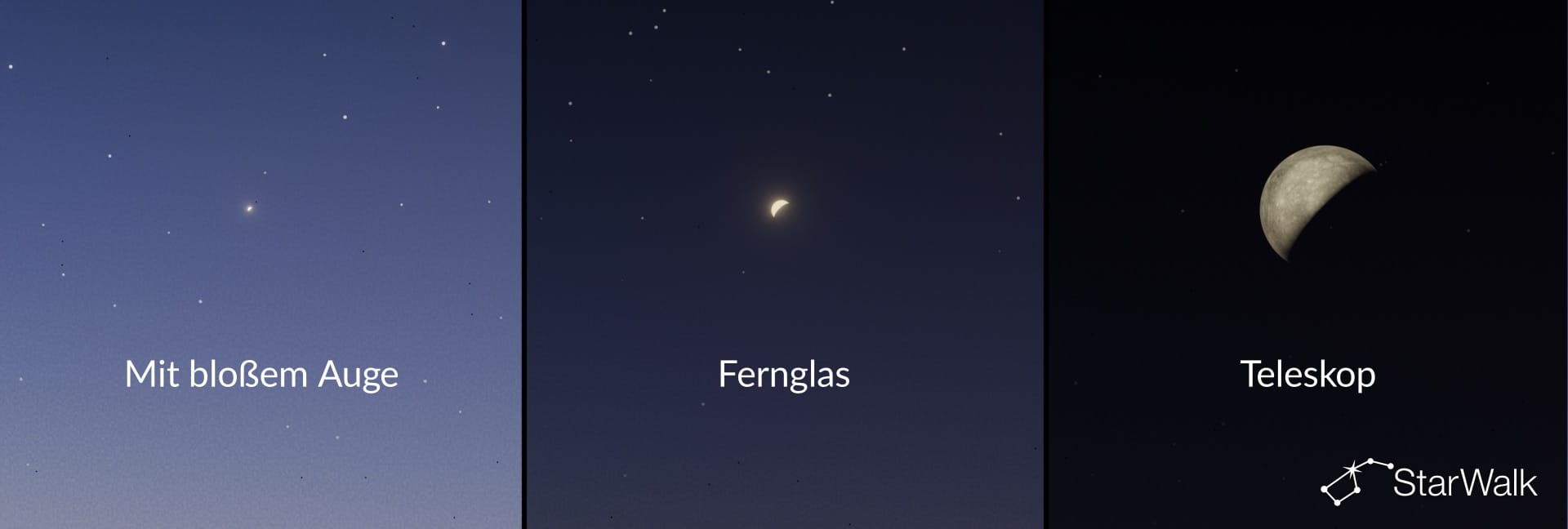 Wie Merkur mit bloßem Auge, durch ein Fernglas und durch ein Teleskop aussieht