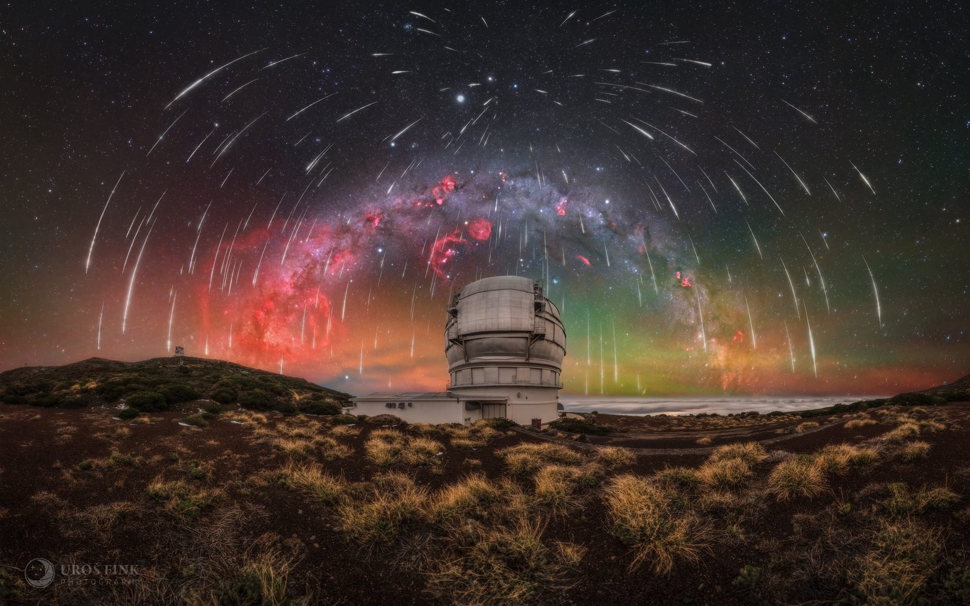 Sinfonía de las Gemínidas sobre el Guardián del Cielo de La Palma