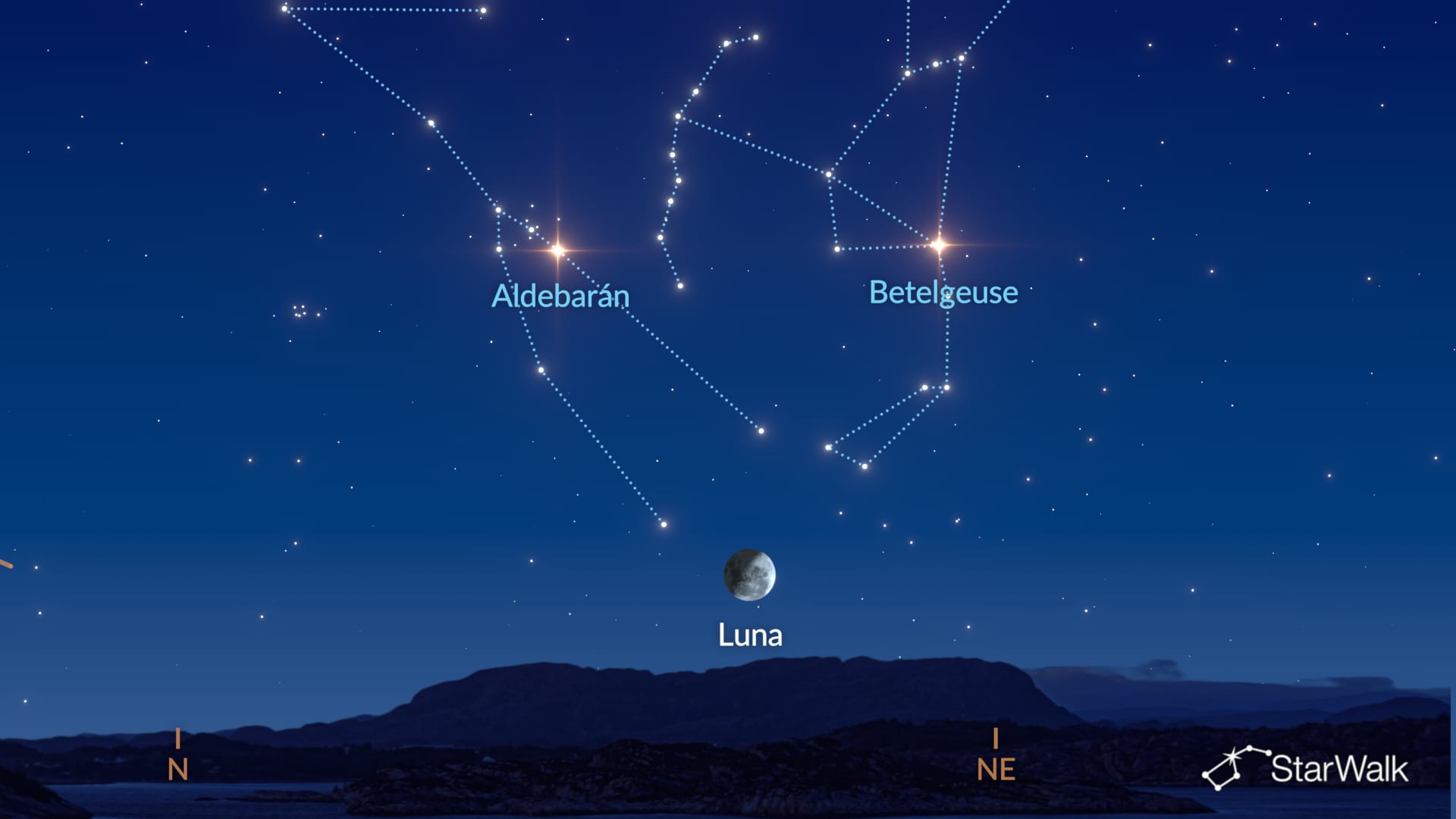 Triángulo de la Luna, Aldebarán y Betelgeuse