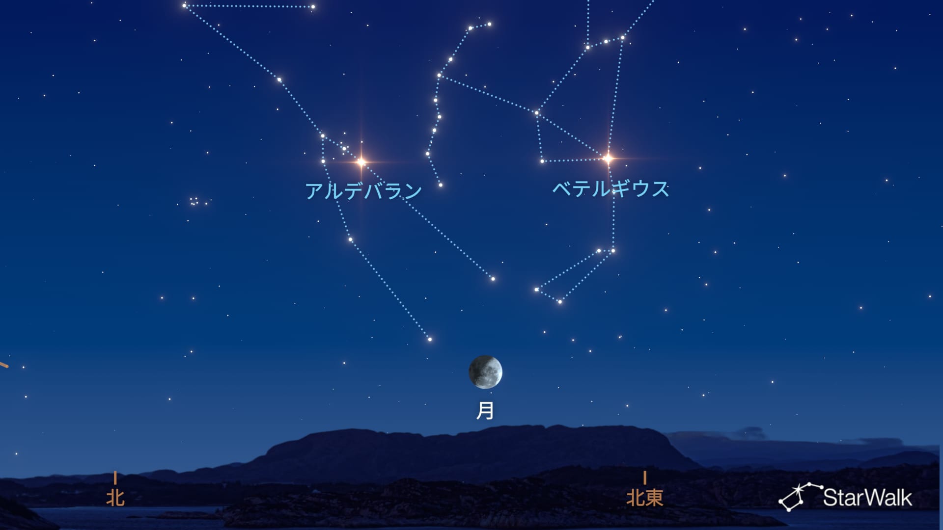 月、アルデバラン、ベテルギウスが描く三角形
