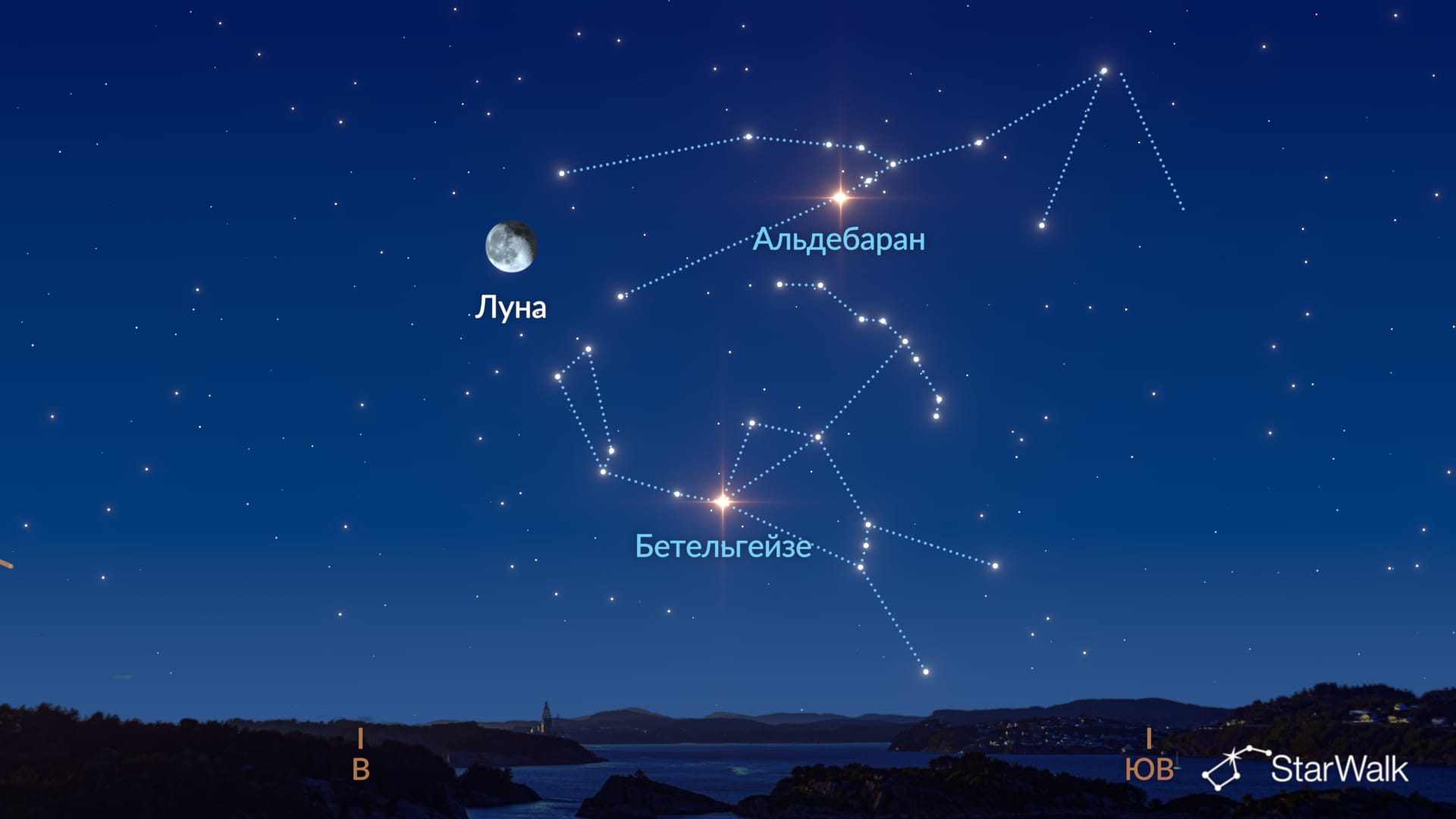 Луна, Альдебаран и Бетельгейзе образуют треугольник