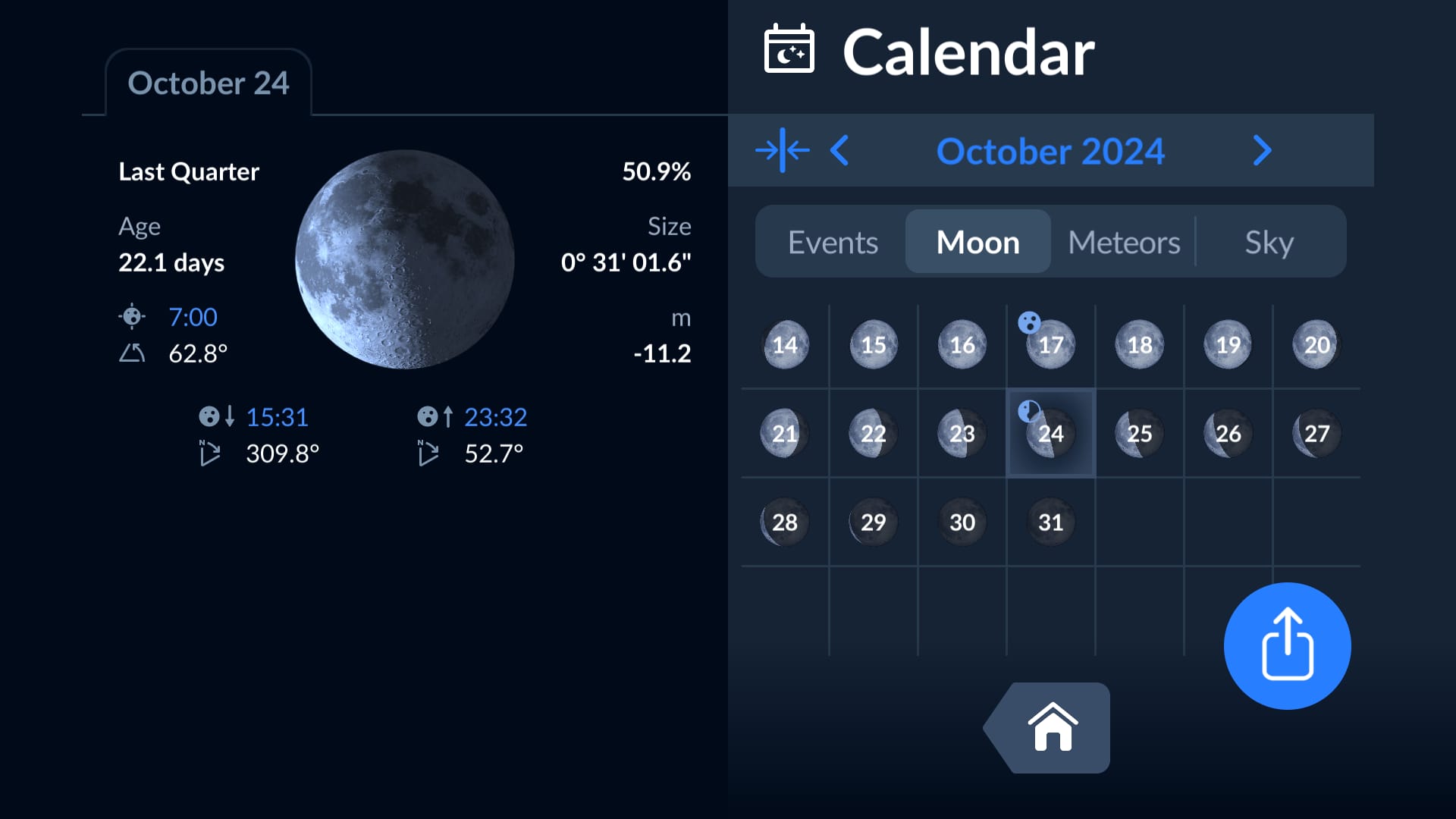 Moon calendar in Sky Tonight