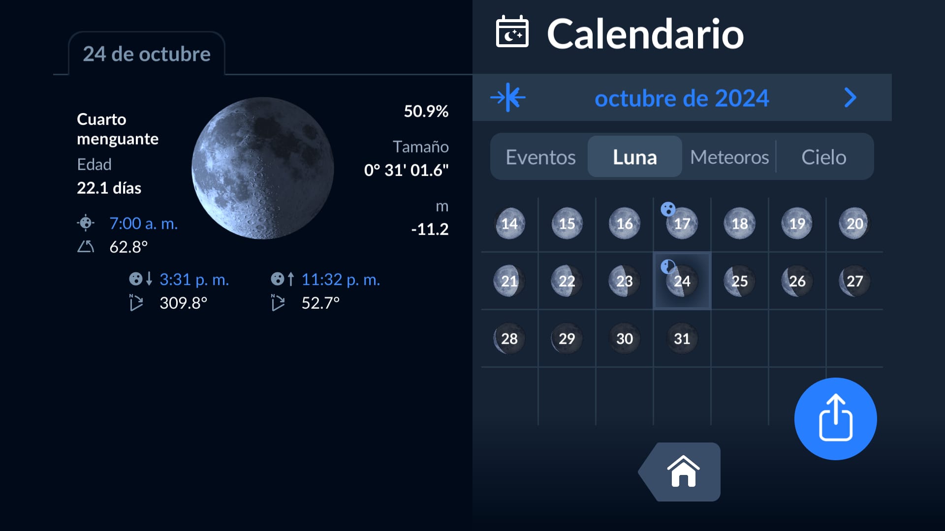 Moon calendar in Sky Tonight