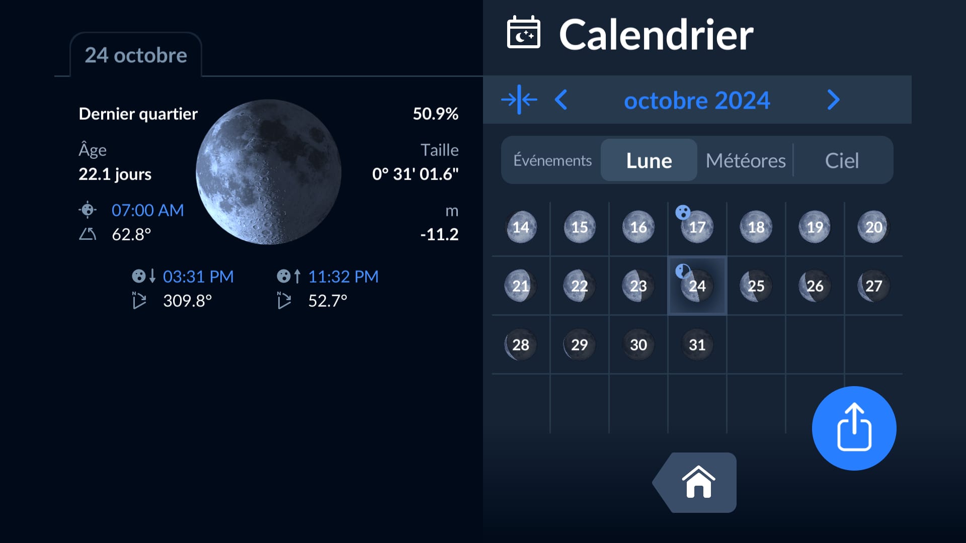 Moon calendar in Sky Tonight