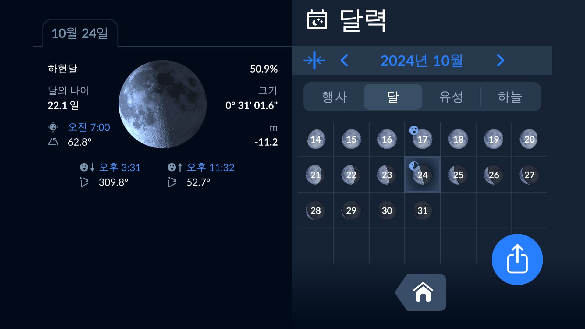 Moon calendar in Sky Tonight