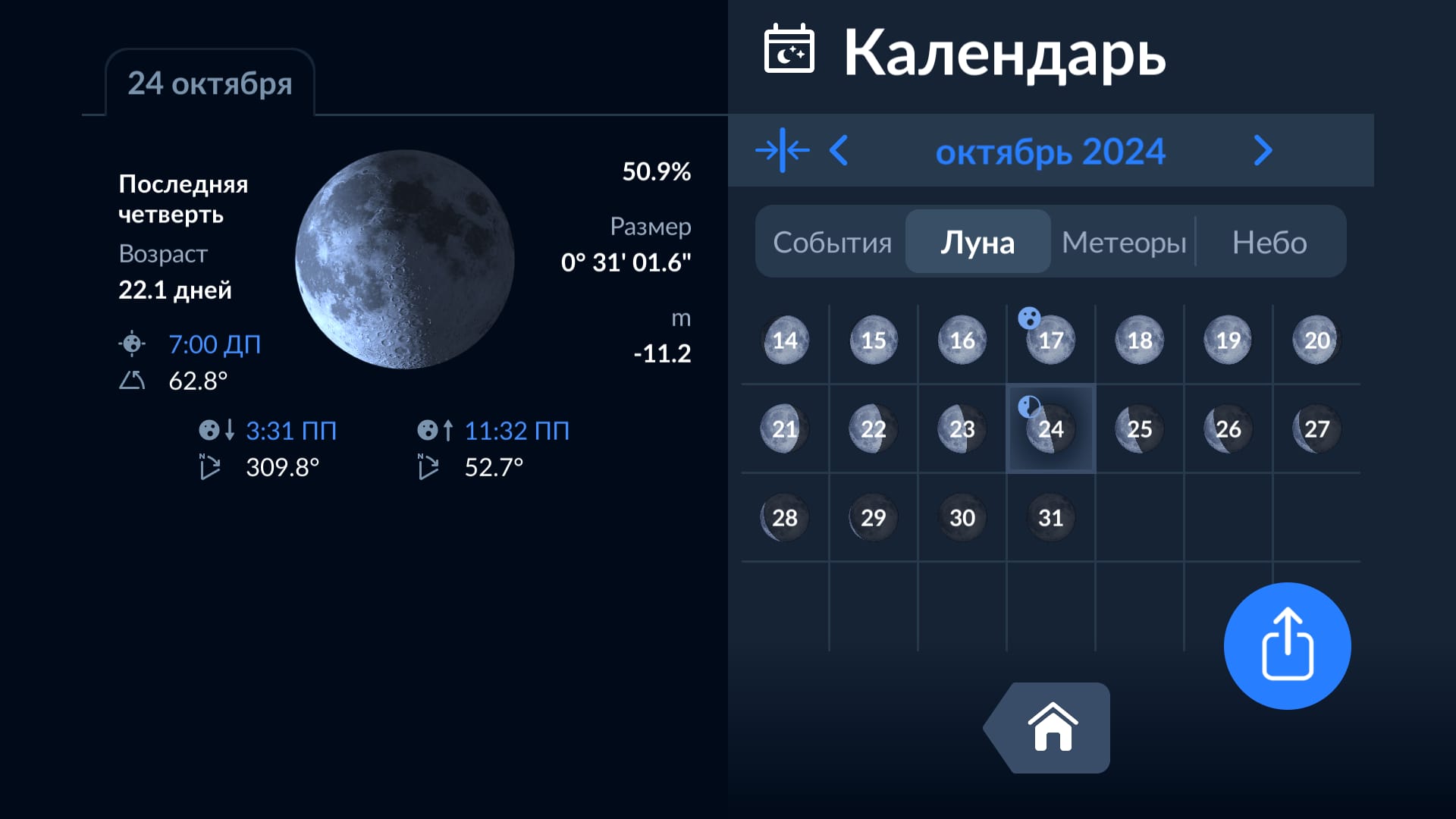 Moon calendar in Sky Tonight