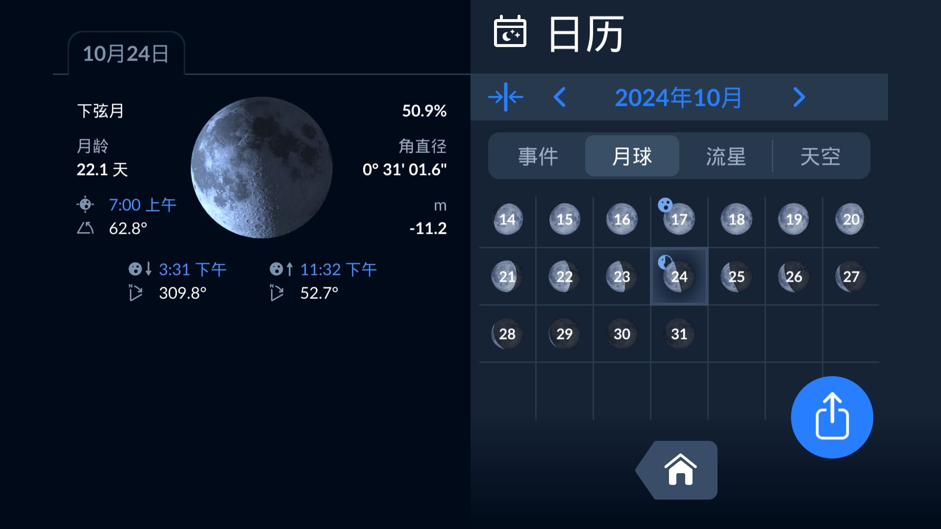 Moon calendar in Sky Tonight