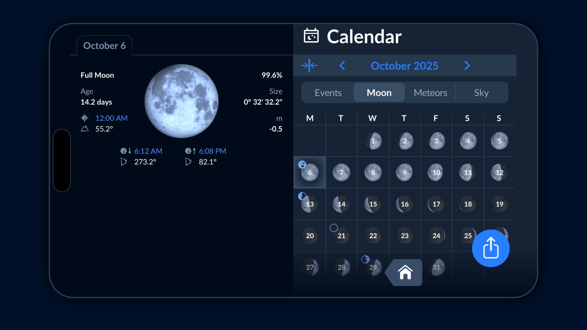 Moon calendar in Sky Tonight