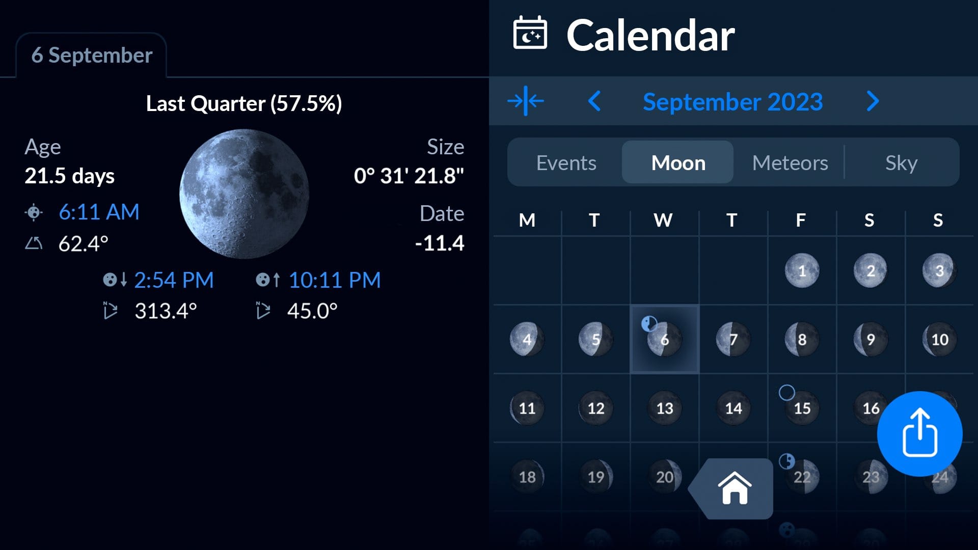 Moon calendar in Sky Tonight