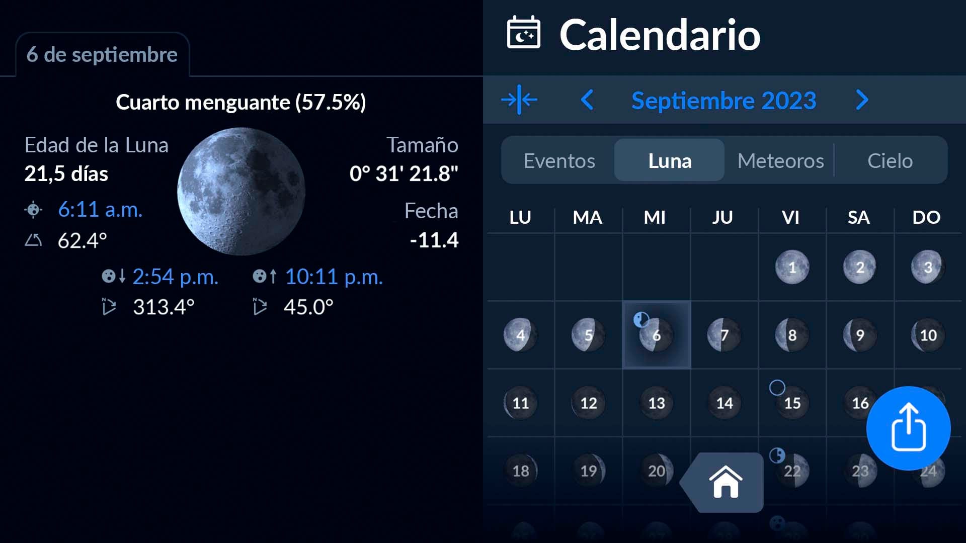 Calendario lunar en Sky Tonight
