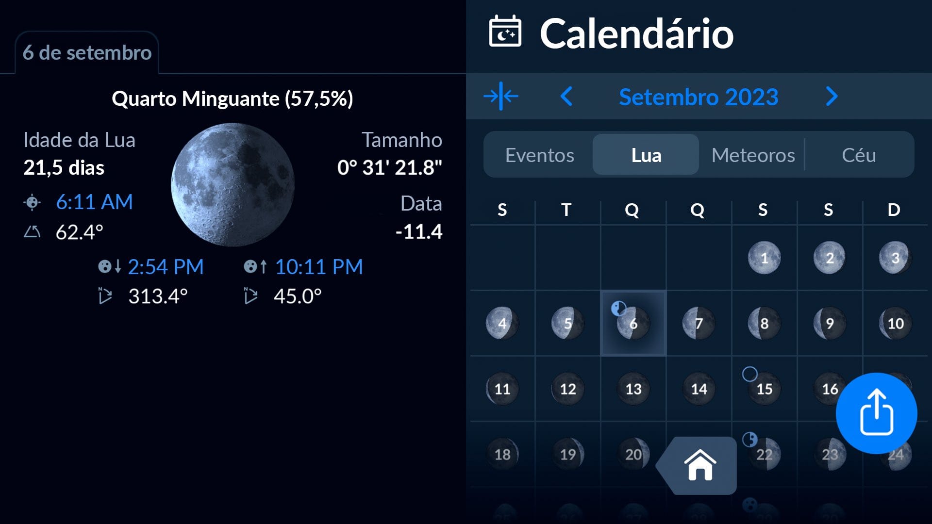 Calendário lunar em Sky Tonight