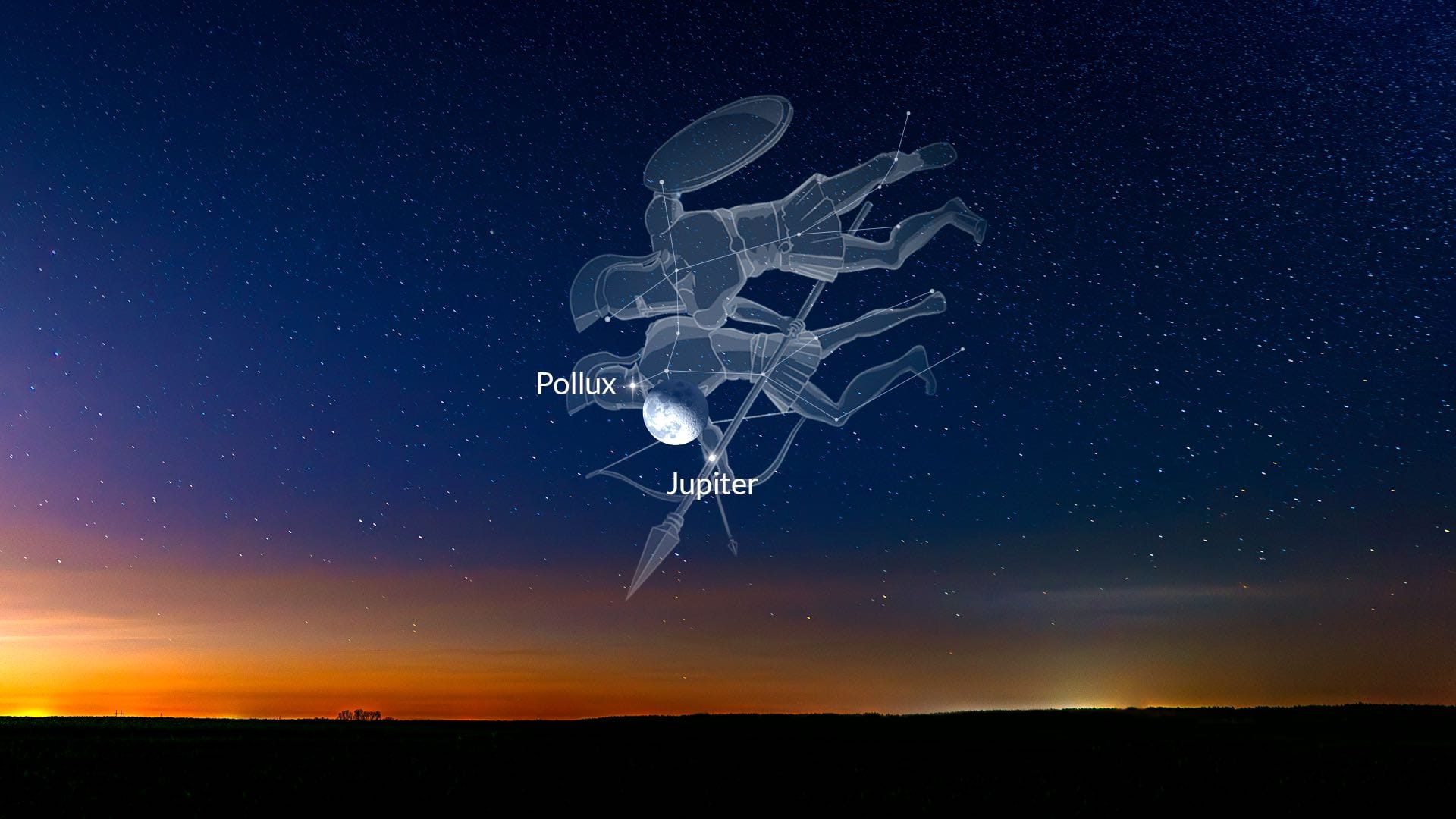 Maan dicht bij Jupiter & Pollux – 10 november