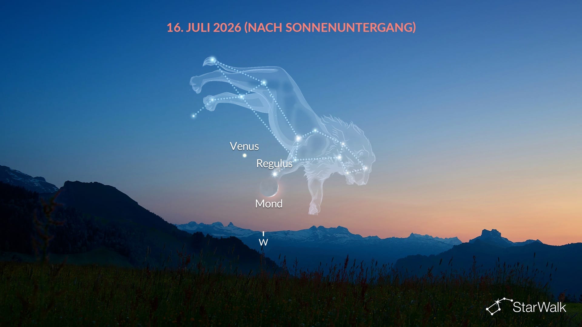 Mond, Regulus und Venus nach Sonnenuntergang im Juli 2026