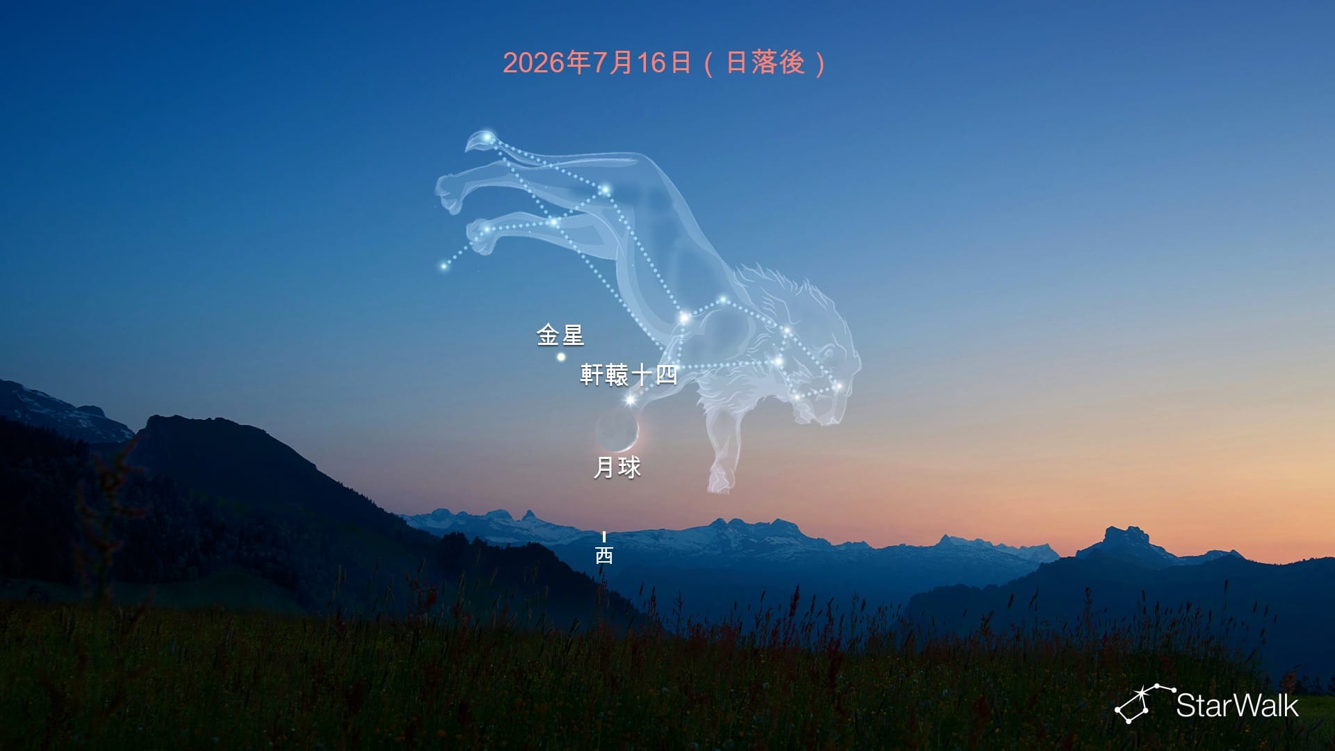 2026年7月日落後的月亮、軒轅十四和金星