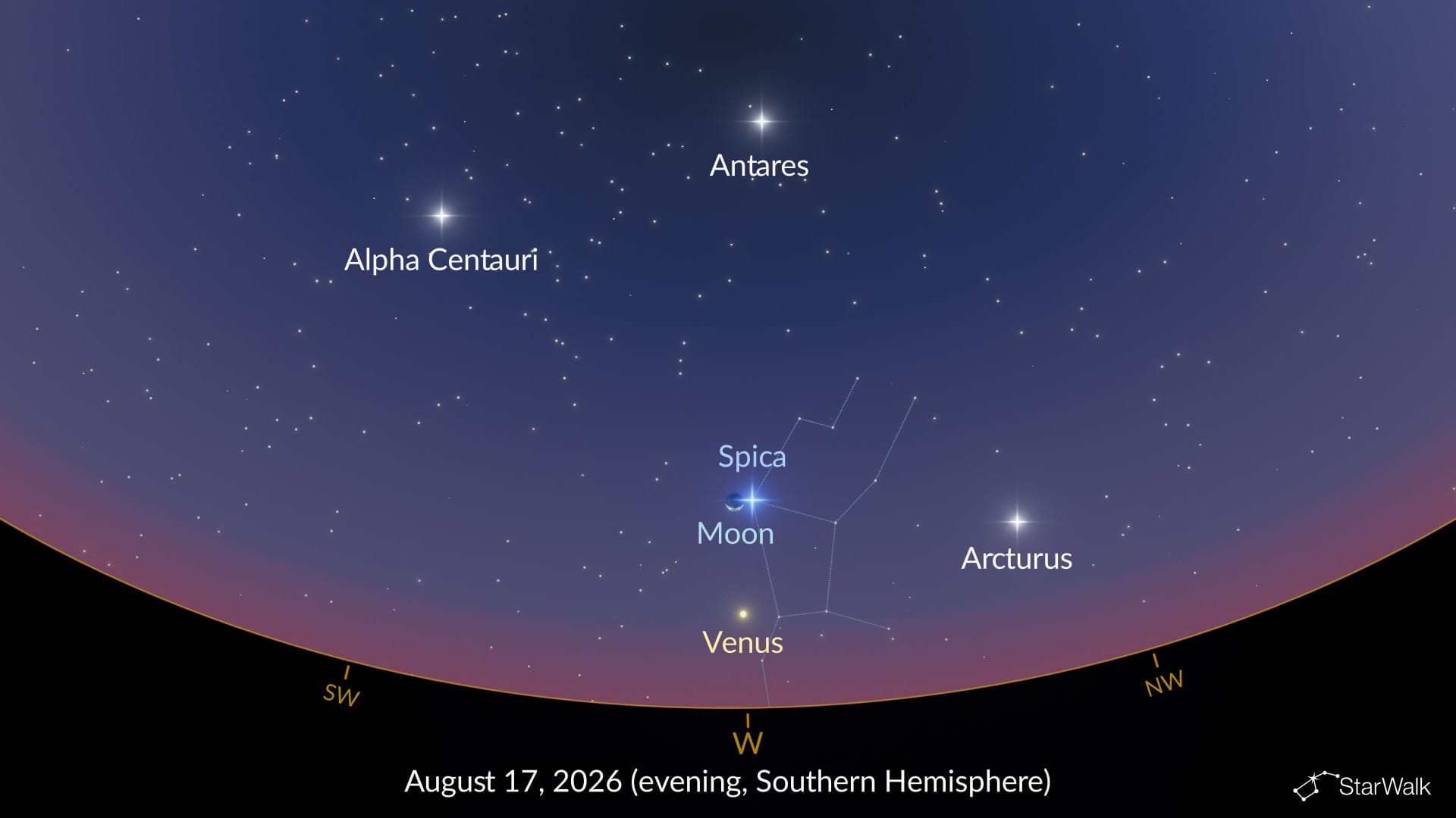 Moon near Spica on August 17, 2026 (Southern Hemisphere)