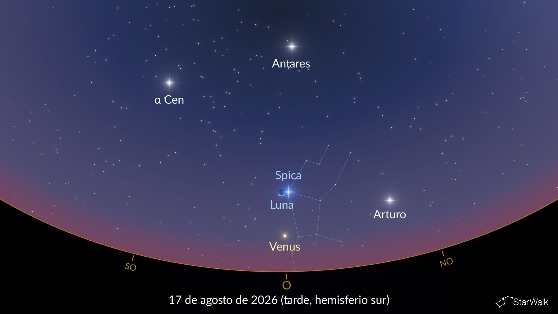 Luna cerca de Spica el 17 de agosto de 2026 (hemisferio sur)