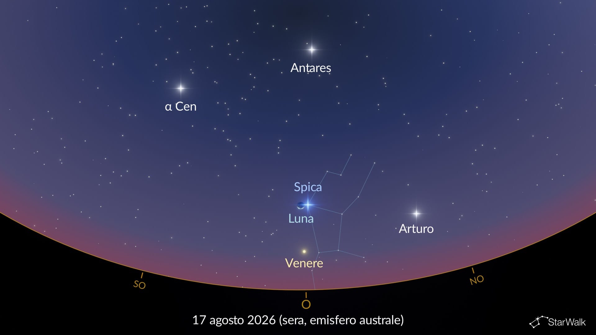 Luna vicino a Spica il 17 agosto 2026 (emisfero sud)