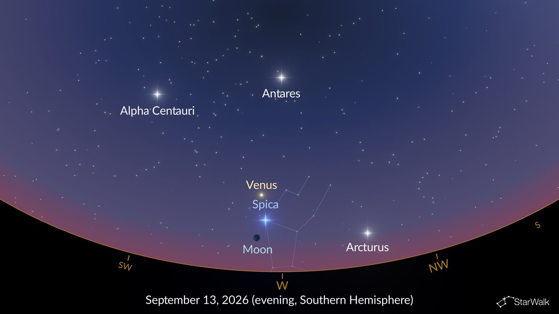 Moon near Spica on September 13, 2026 (Southern Hemisphere)