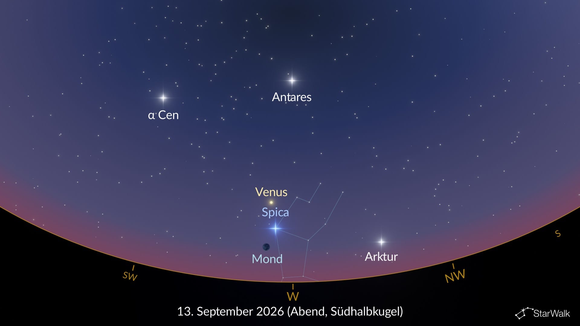 Der Mond nahe Spica am 13. September 2026 (Südhalbkugel)