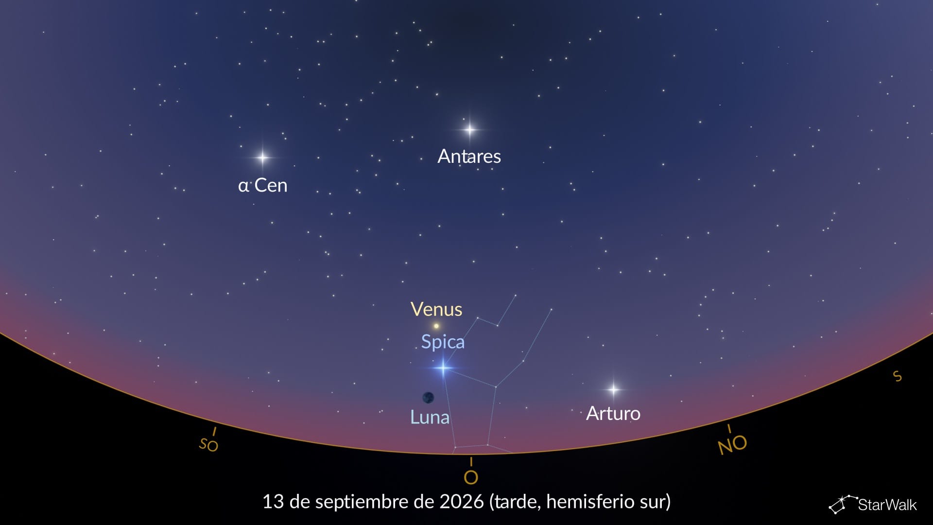 Luna cerca de Spica el 13 de septiembre de 2026 (hemisferio sur)