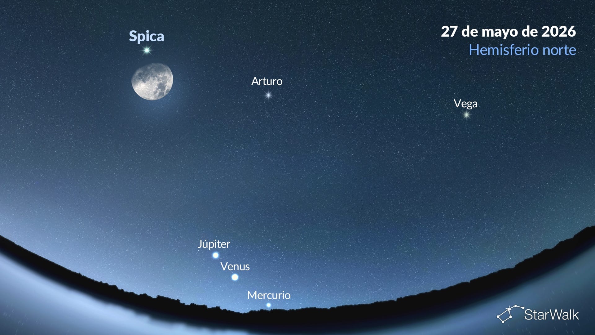 Luna y Spica el 27 de mayo (hemisferio norte)