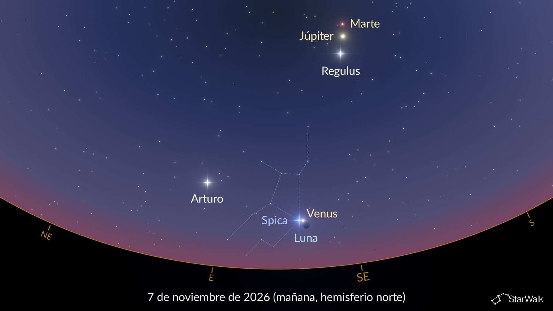 Luna, Spica y Venus el 7 de noviembre de 2026 (hemisferio norte)