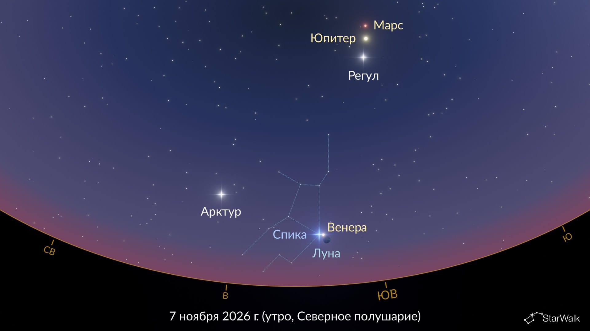 Луна, Спика и Венера 7 ноября 2026 года (Северное полушарие)